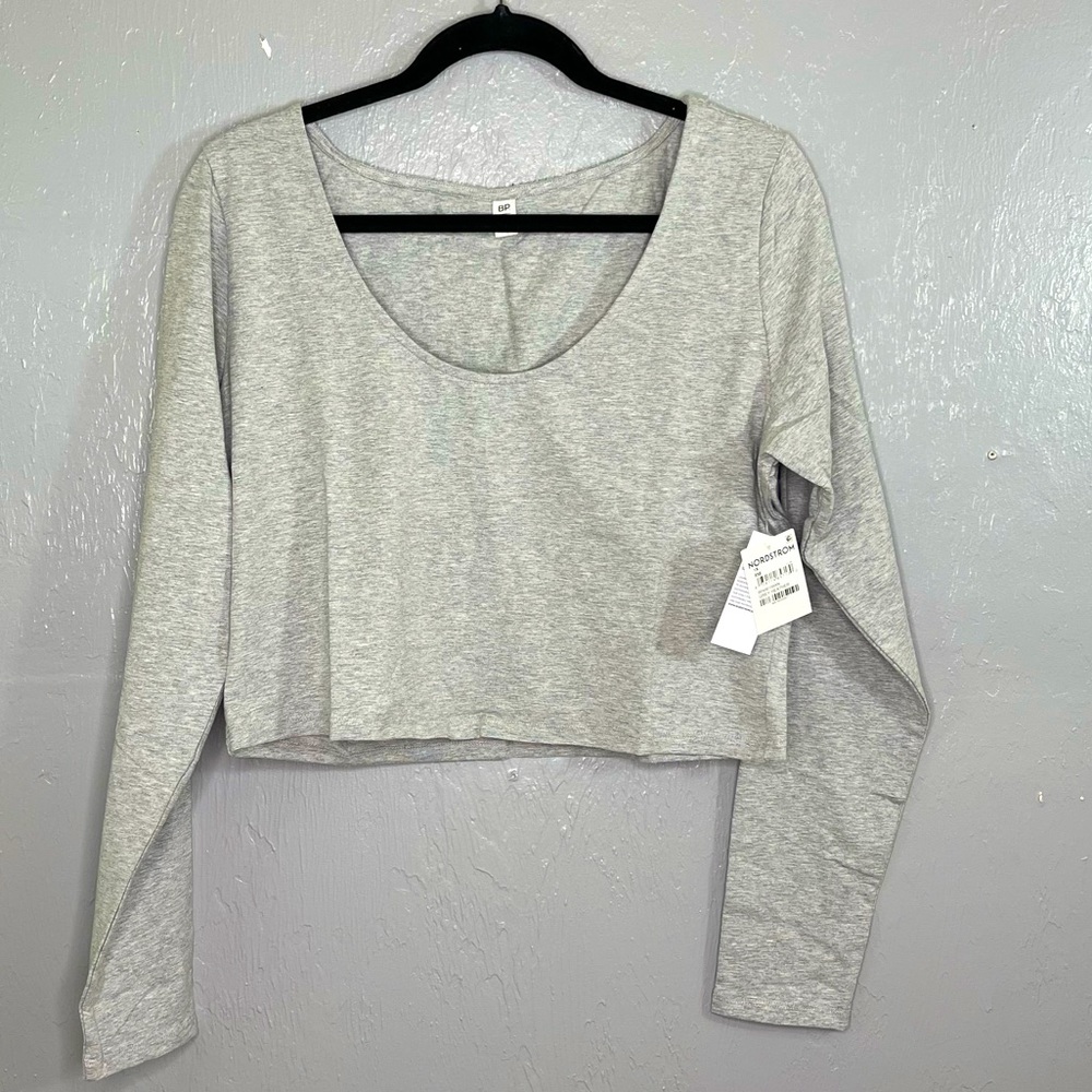 BP Womens 1X Heather Gray long Sleeve Henly Crop Top